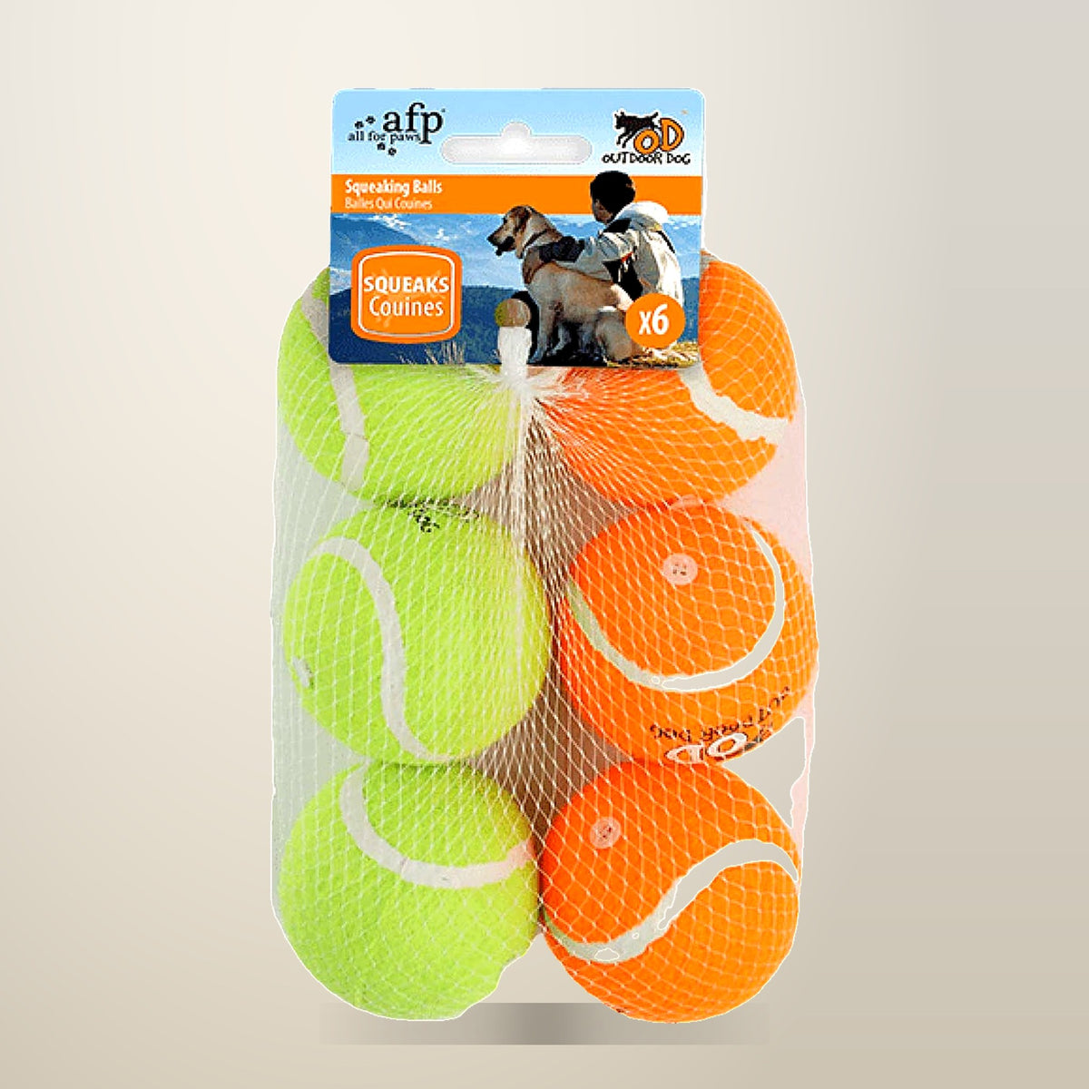 All For Paws Squeaking Tennis Balls, 6.5 cm, 6 Pack, on a plain cream background