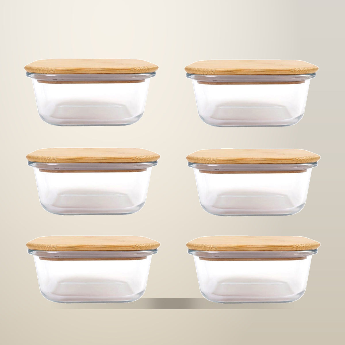 Medium Glass Food Containers with Bamboo Lids, 6 Piece, on a plain cream background