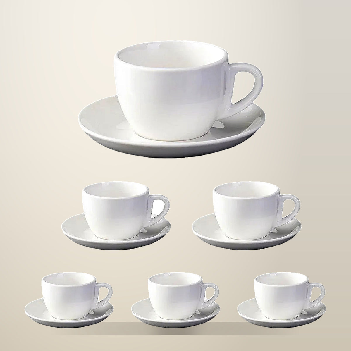 Ceramic Coffee Cup and Saucer Set, Apricot, 6 Piece, on a plain cream background