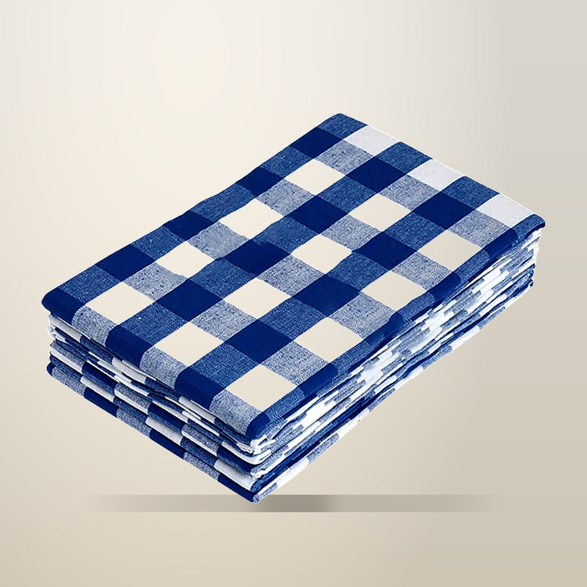 Checkered Kitchen Towels, Cotton, Blue, 6 Pack, on a plain cream background