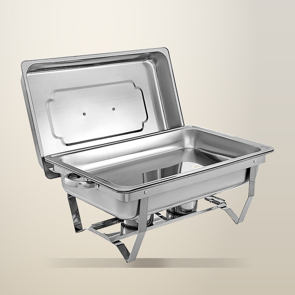 9 L Stainless Steel Chafing Dish Set, Folding Frame, on a plain cream background