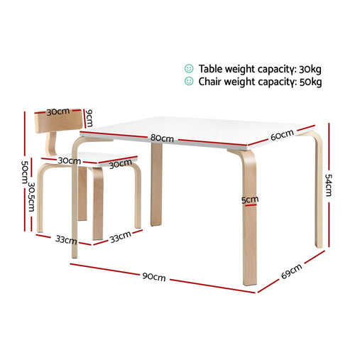 Keezi Kids Table and Chairs, 5 Piece, with its measurements marked