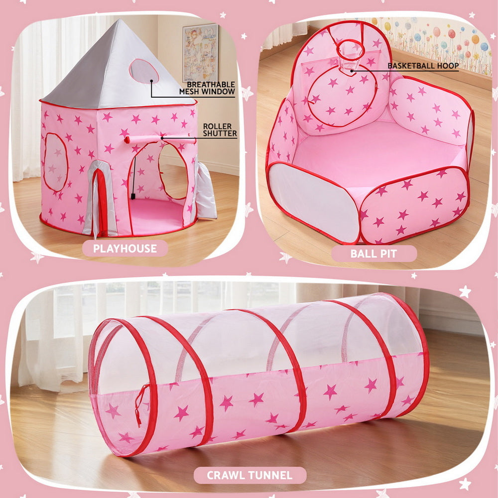 Keezi Kids Playhouse Play Tent Pop Up Castle Crawl Tunnel Basketball