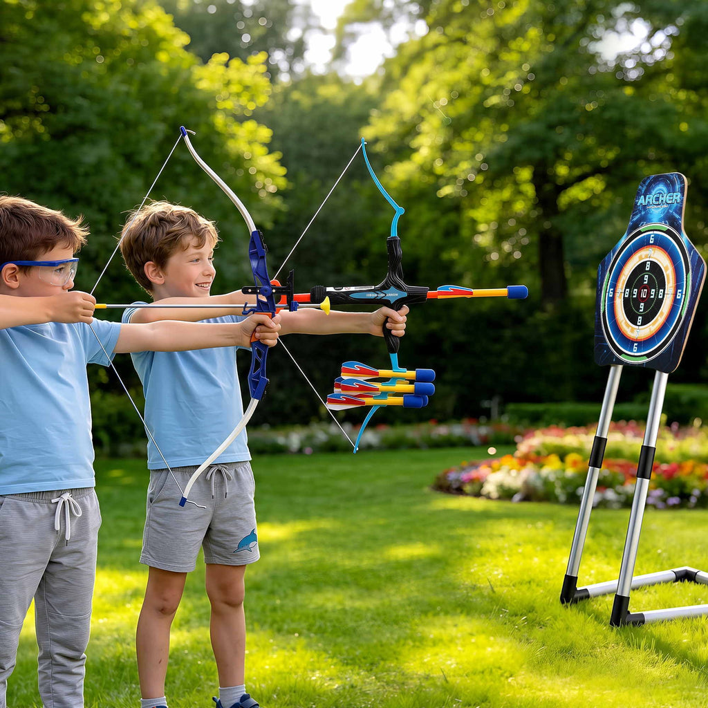 Keezi Bow and Arrow Set with Standing Target, 81 cm, shown in a real setting