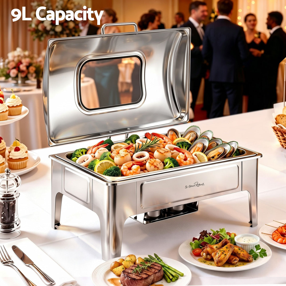 5-Star Chef 9L Stainless Steel Chafing Dish with Viewing Window