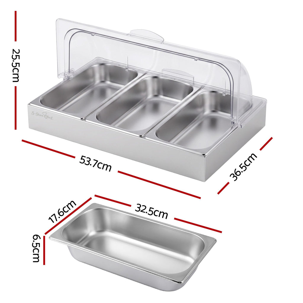 5-Star Chef 3 Pan Food Serving Display Stainless Steel with Clear