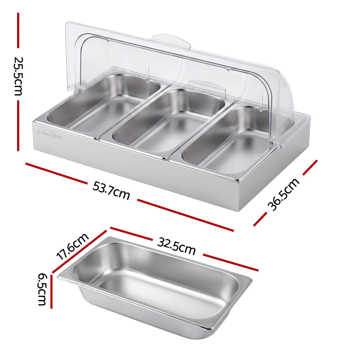 5-Star Chef 3 Pan Food Serving Display Stainless Steel with Clear