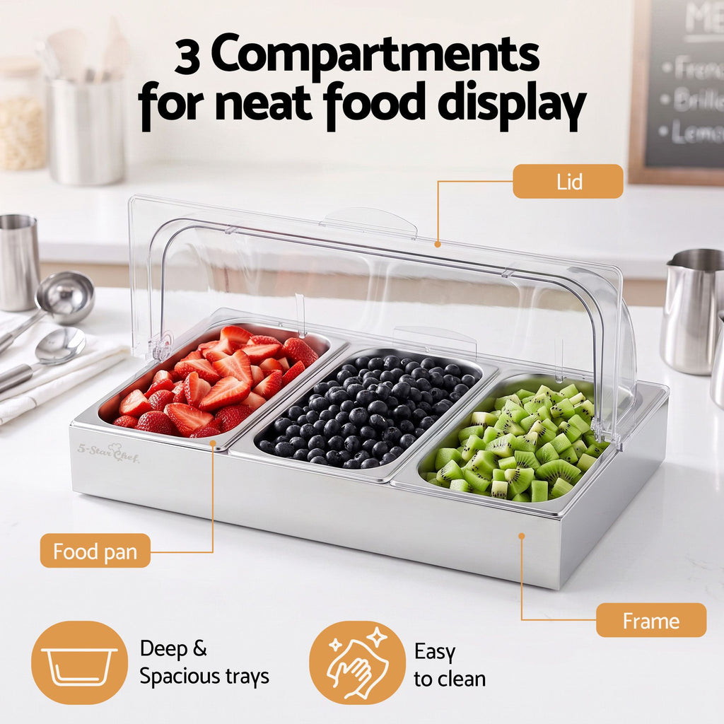 5-Star Chef 3 Pan Food Serving Display Stainless Steel with Clear