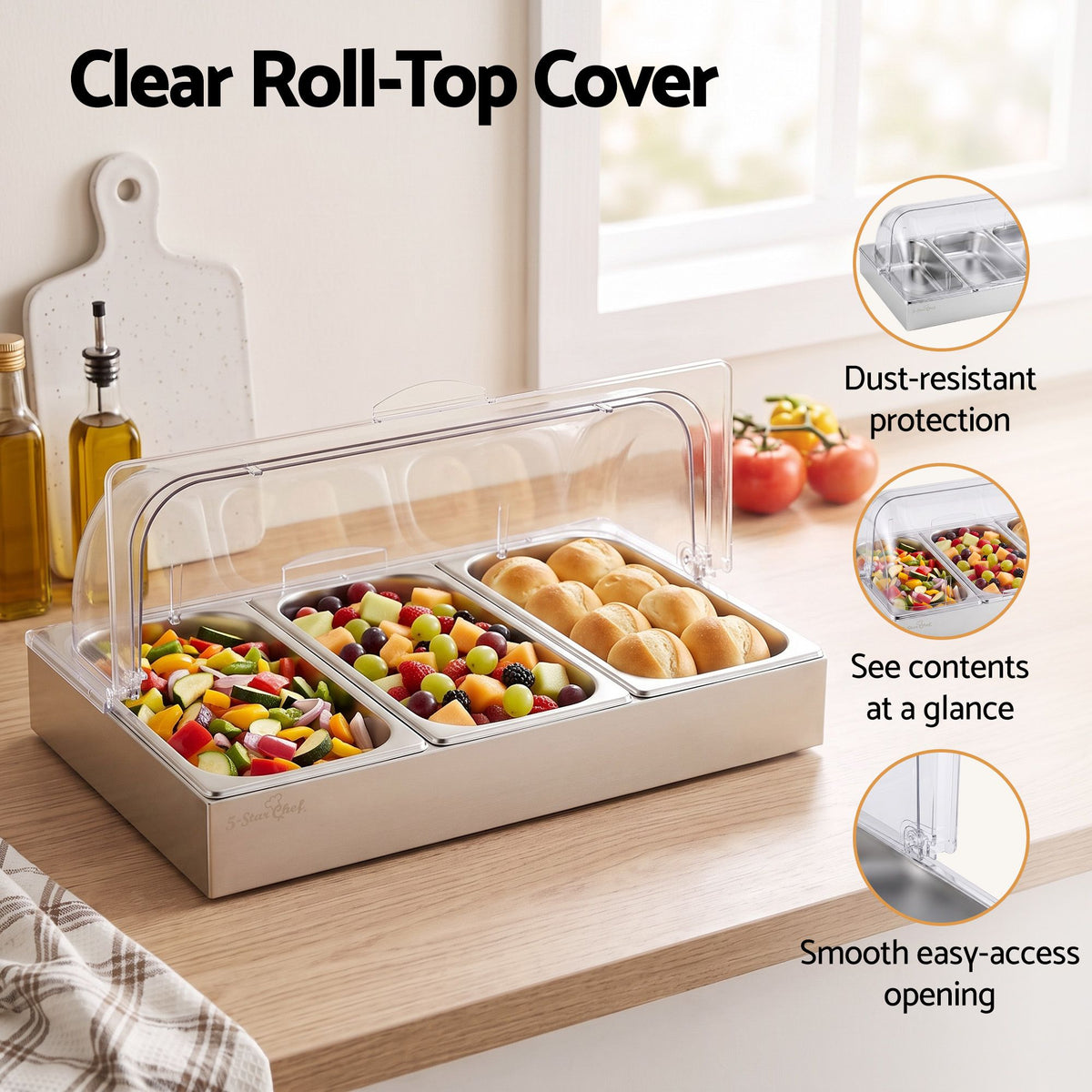 5-Star Chef 3 Pan Food Serving Display Stainless Steel with Clear