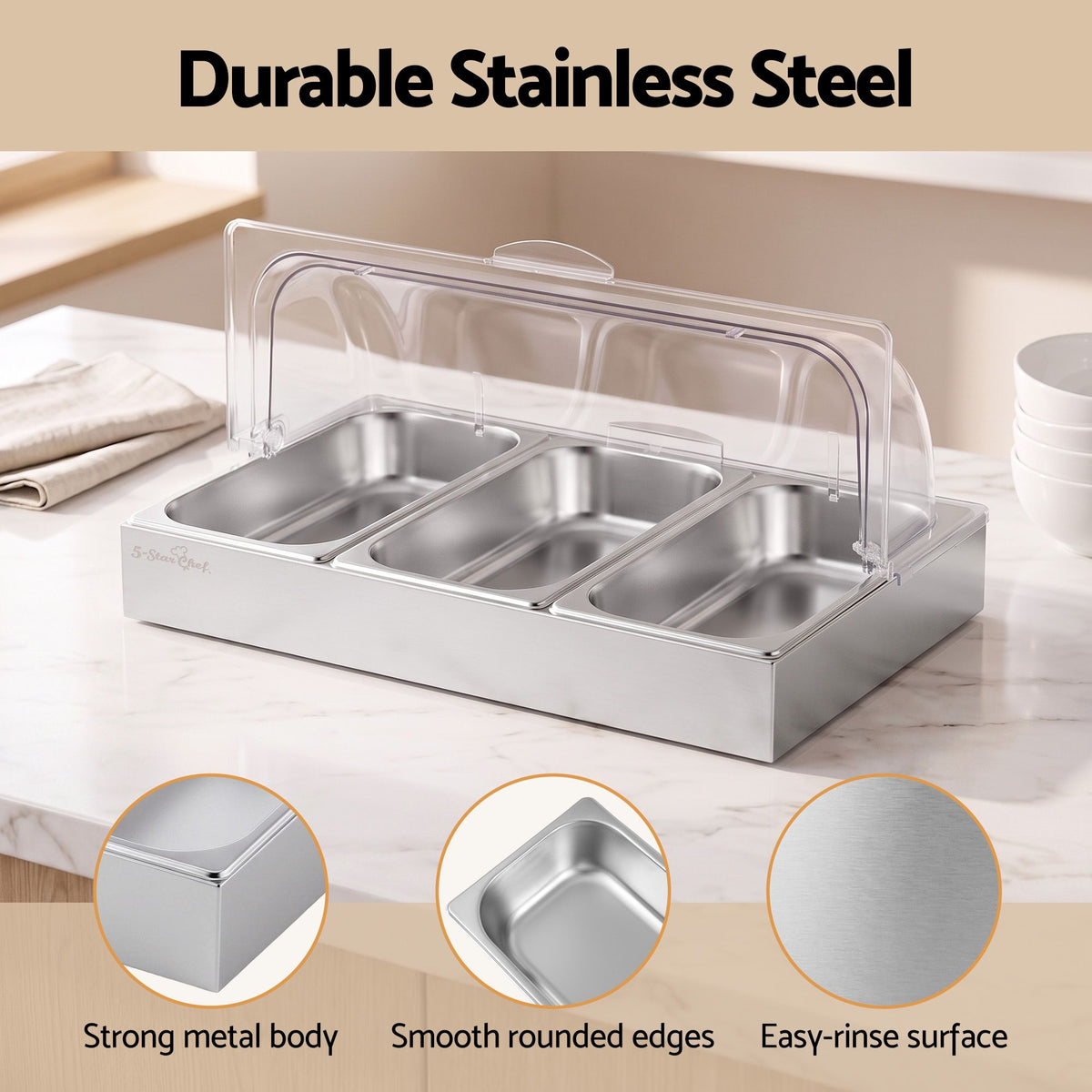 5-Star Chef 3 Pan Food Serving Display Stainless Steel with Clear