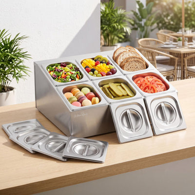 5-Star Chef 6 Pan Food Serving Display, Stainless Steel, Silver