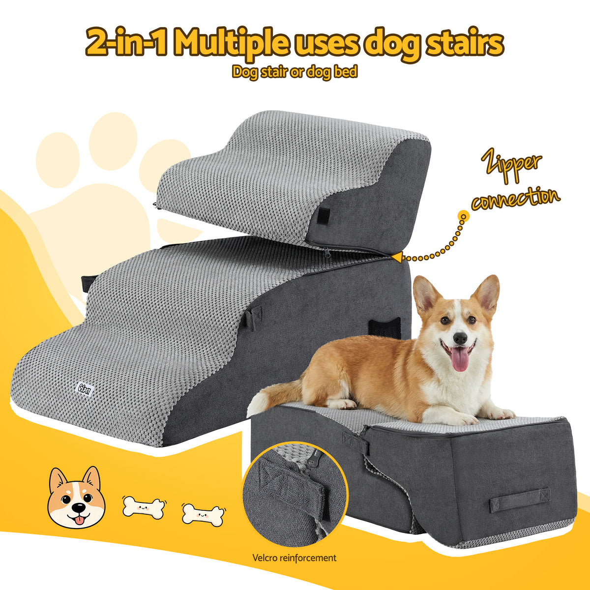 i.Pet Dog Stairs and Bed 2-in-1 Sofa Car Foam Non-Slip Washable Pet