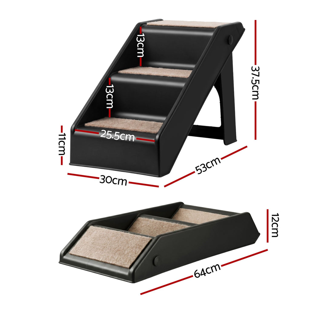 i.Pet Dog Ramp, 3 Steps, Black, Foldable, with its measurements marked