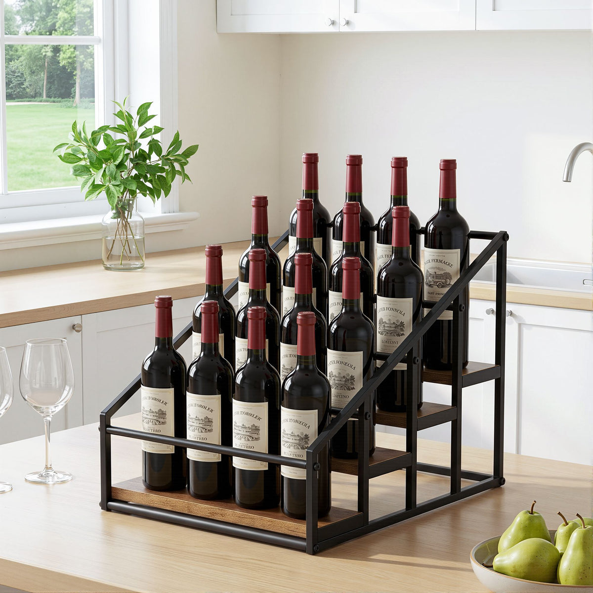 Artiss 4-Tier Tabletop Wine Rack, 16 Bottles, Black and Wood