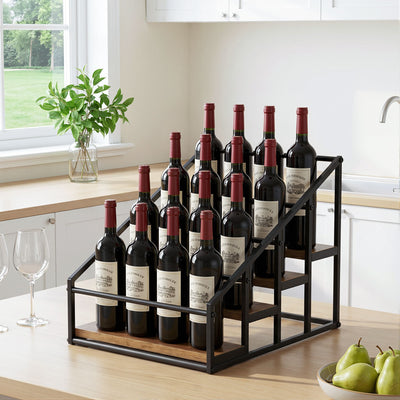 Artiss 4-Tier Tabletop Wine Rack, 16 Bottles, Black and Wood