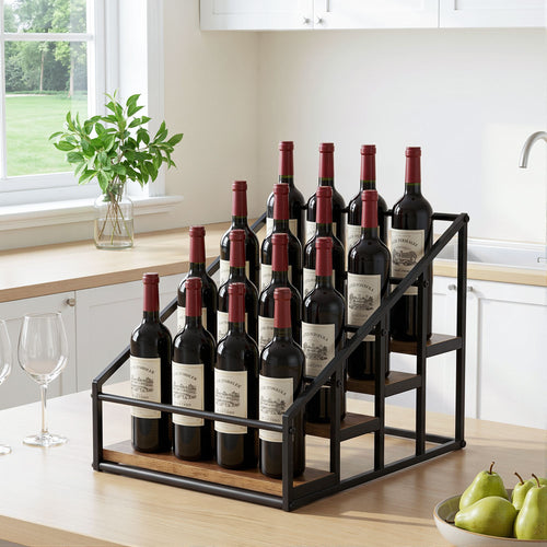 Artiss 4-Tier Tabletop Wine Rack, 16 Bottles, Black and Wood, shown in a real setting