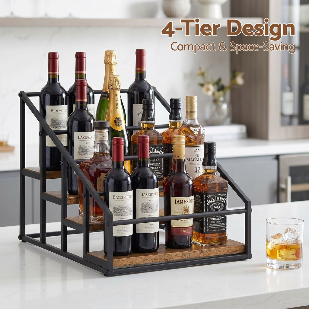 Artiss 4-Tier Tabletop Wine Rack, 16 Bottles, Black and Wood