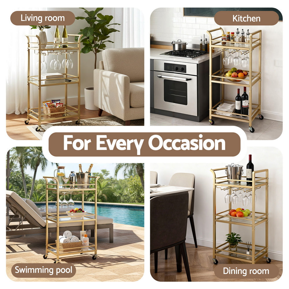 Artiss 3 Tier Mirrored Glass Bar Cart, 43 cm
