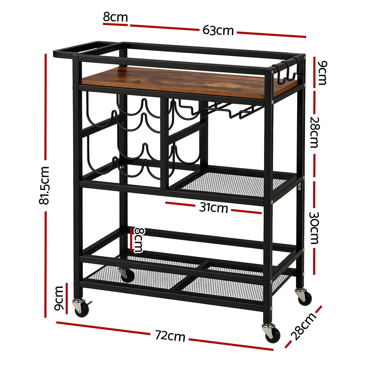 Artiss Bar Cart with Wine and Glass Racks, 72 cm, Black