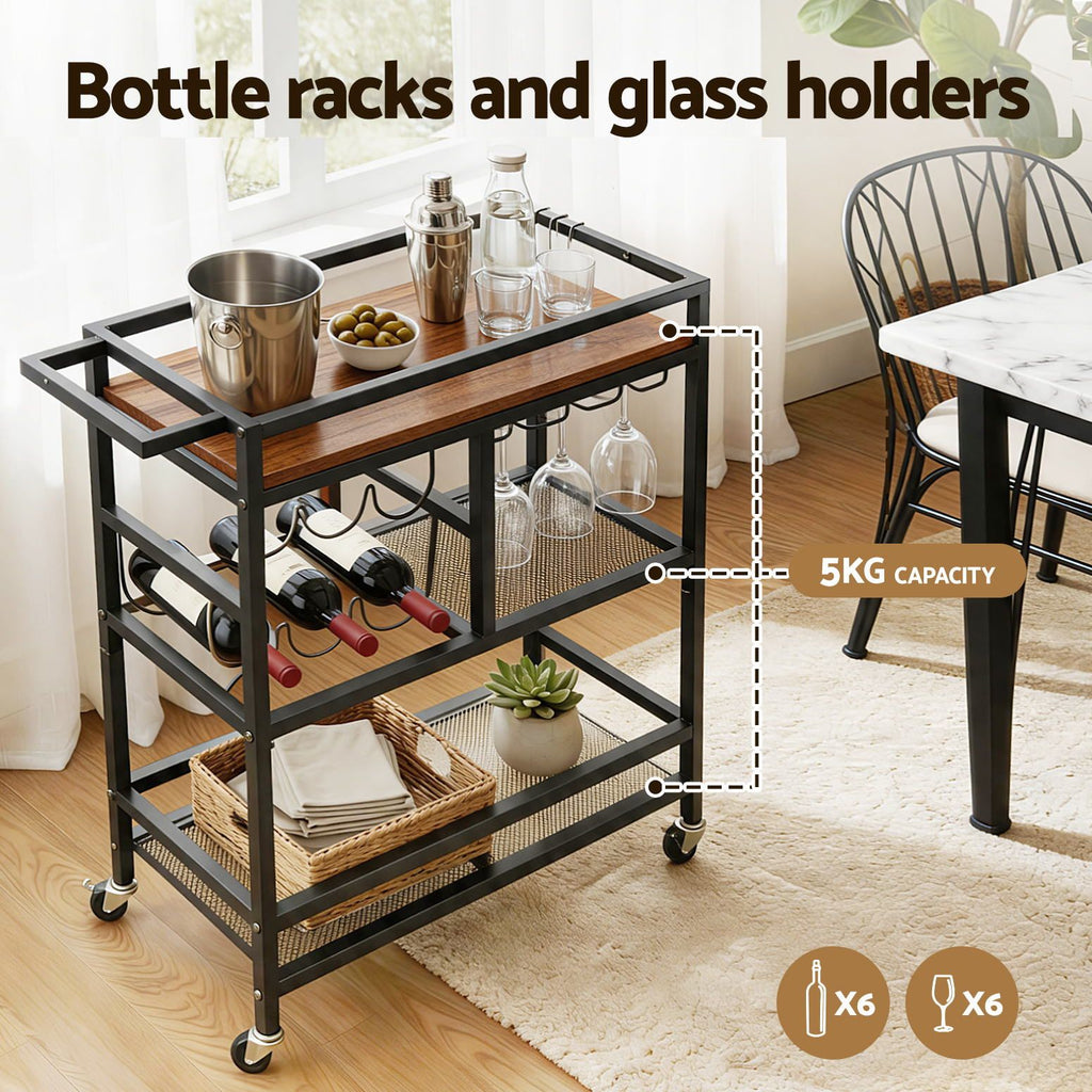 Artiss Bar Cart with Wine and Glass Racks, 72 cm, Black
