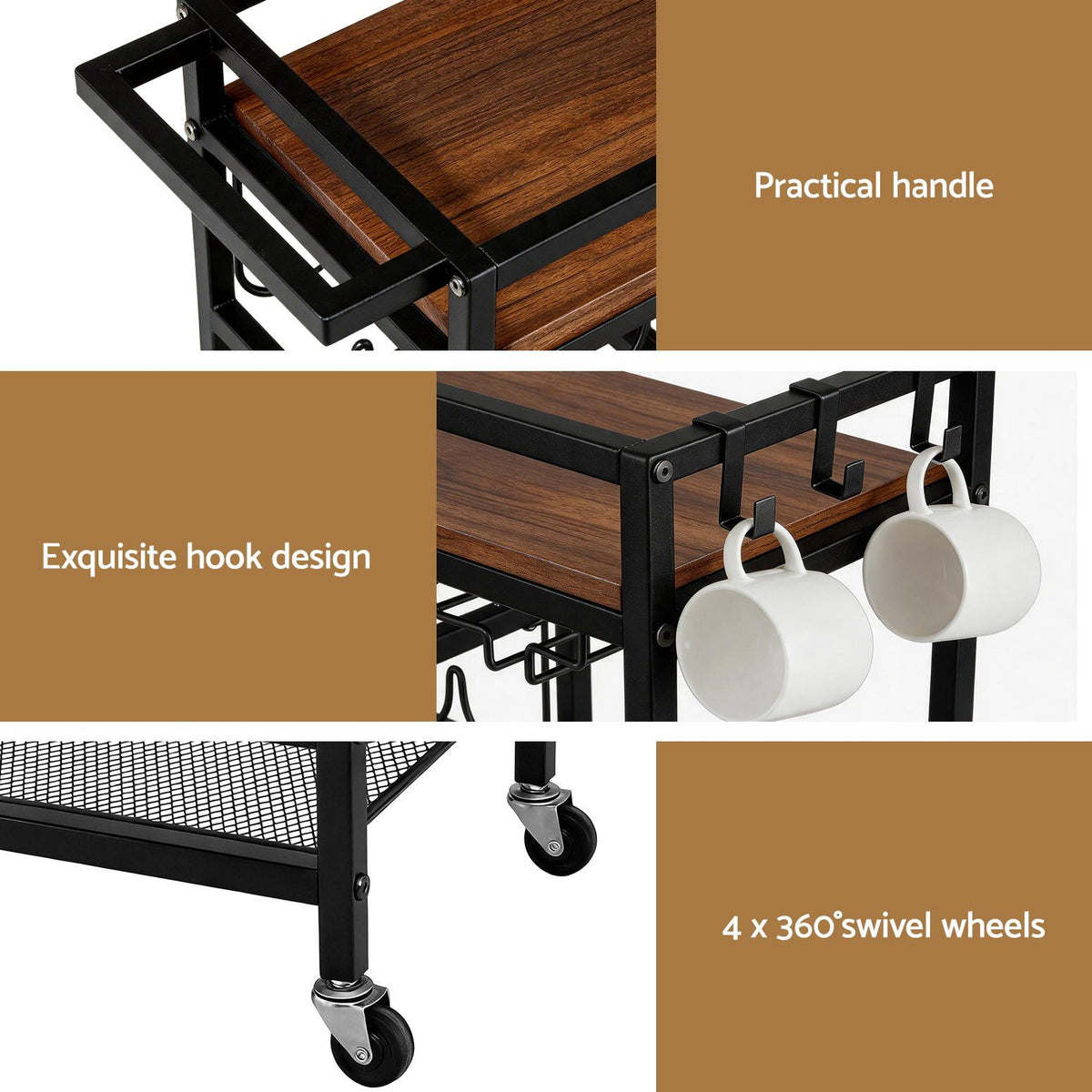 Artiss Bar Cart with Wine and Glass Racks, 72 cm, Black