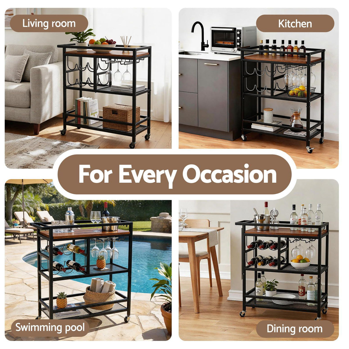 Artiss Bar Cart with Wine and Glass Racks, 72 cm, Black