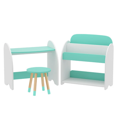Keezi Kids Bookshelf, Table and Chair Set, White and Green