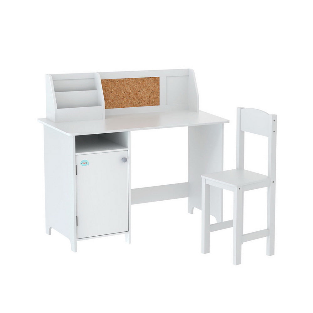 Keezi Kids Table and Chair Set with Cabinet Storage, White, on a white background