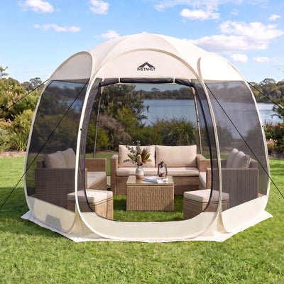 Instahut Hexagonal Pop Up Screen Tent, 6 Person, Beige