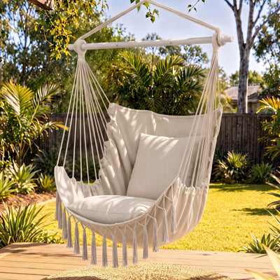 Gardeon Macrame Hammock Chair with Cushions, Cream
