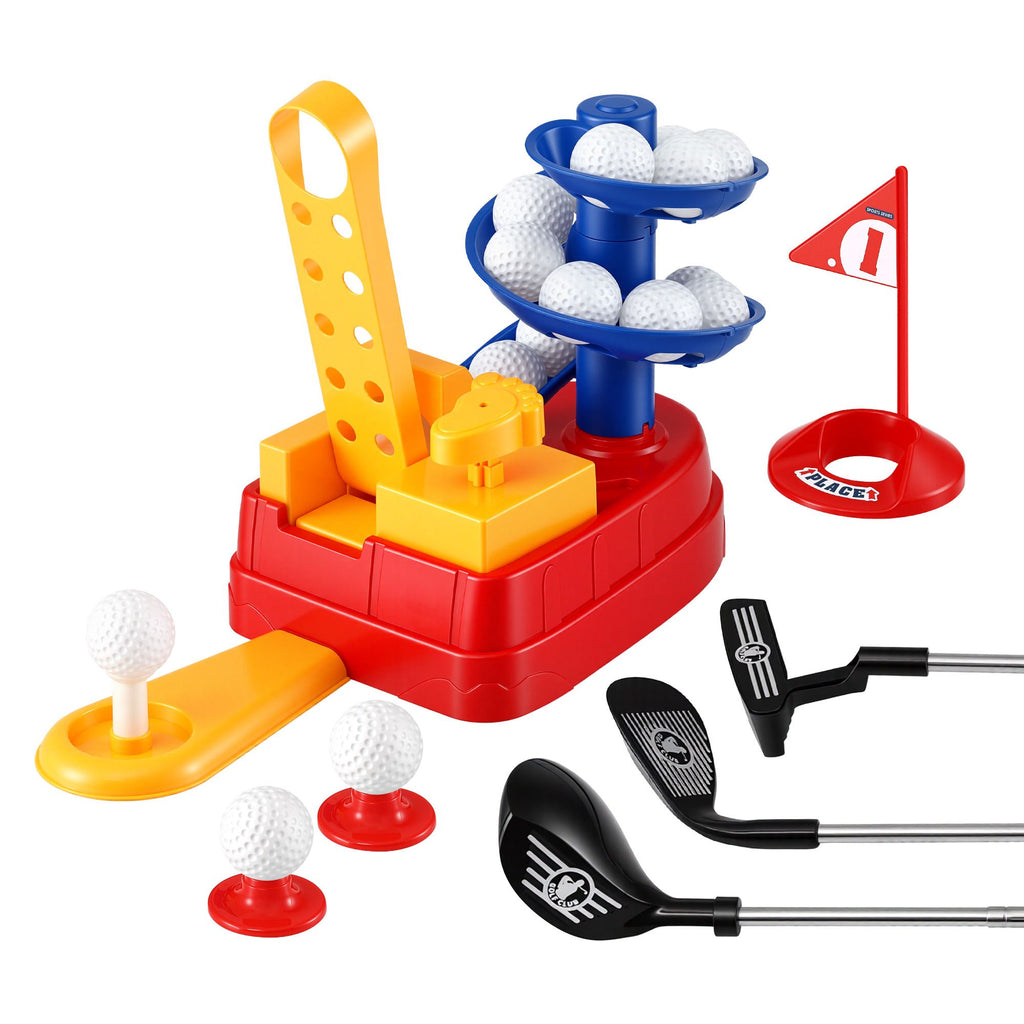 Keezi Golf Toy Set with Ball Launcher, Blue, showing what is included