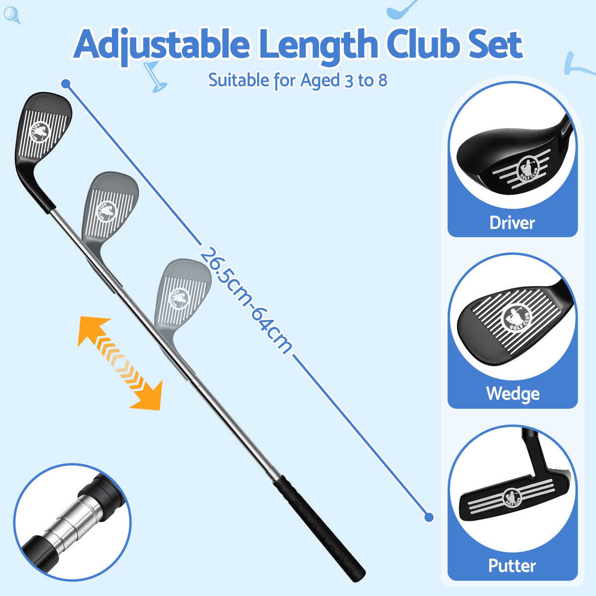 Keezi Golf Toy Set with Ball Launcher, Blue, with its measurements marked