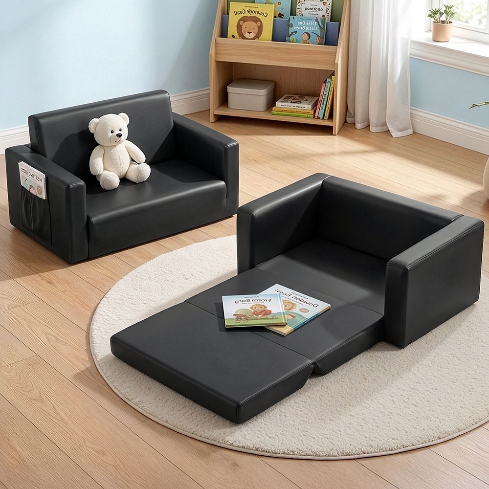 Keezi Kids 2-Seater Fold Out Sofa Bed, PU Leather