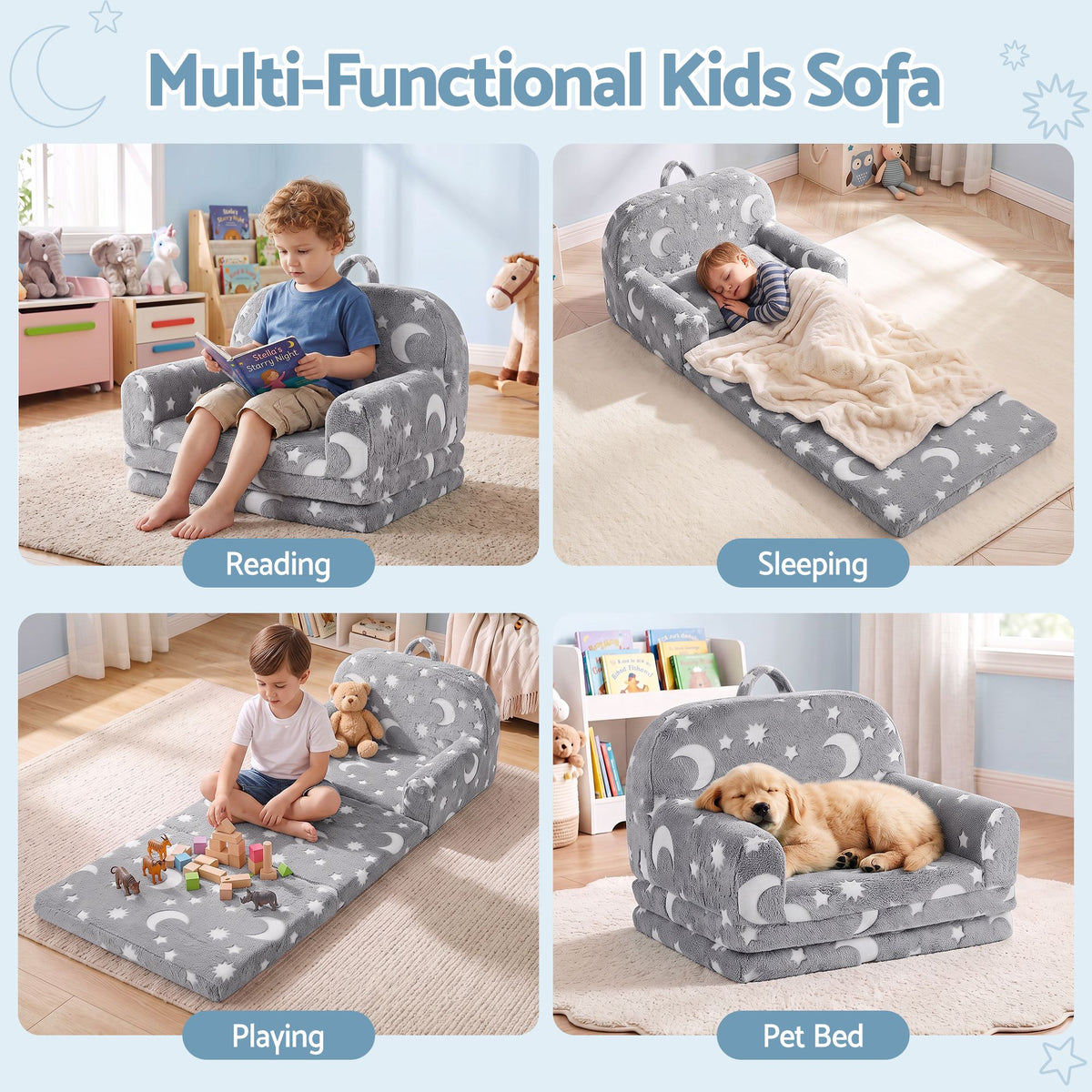 Keezi Kids 2-in-1 Fold Out Sofa Bed, Glow in the Dark