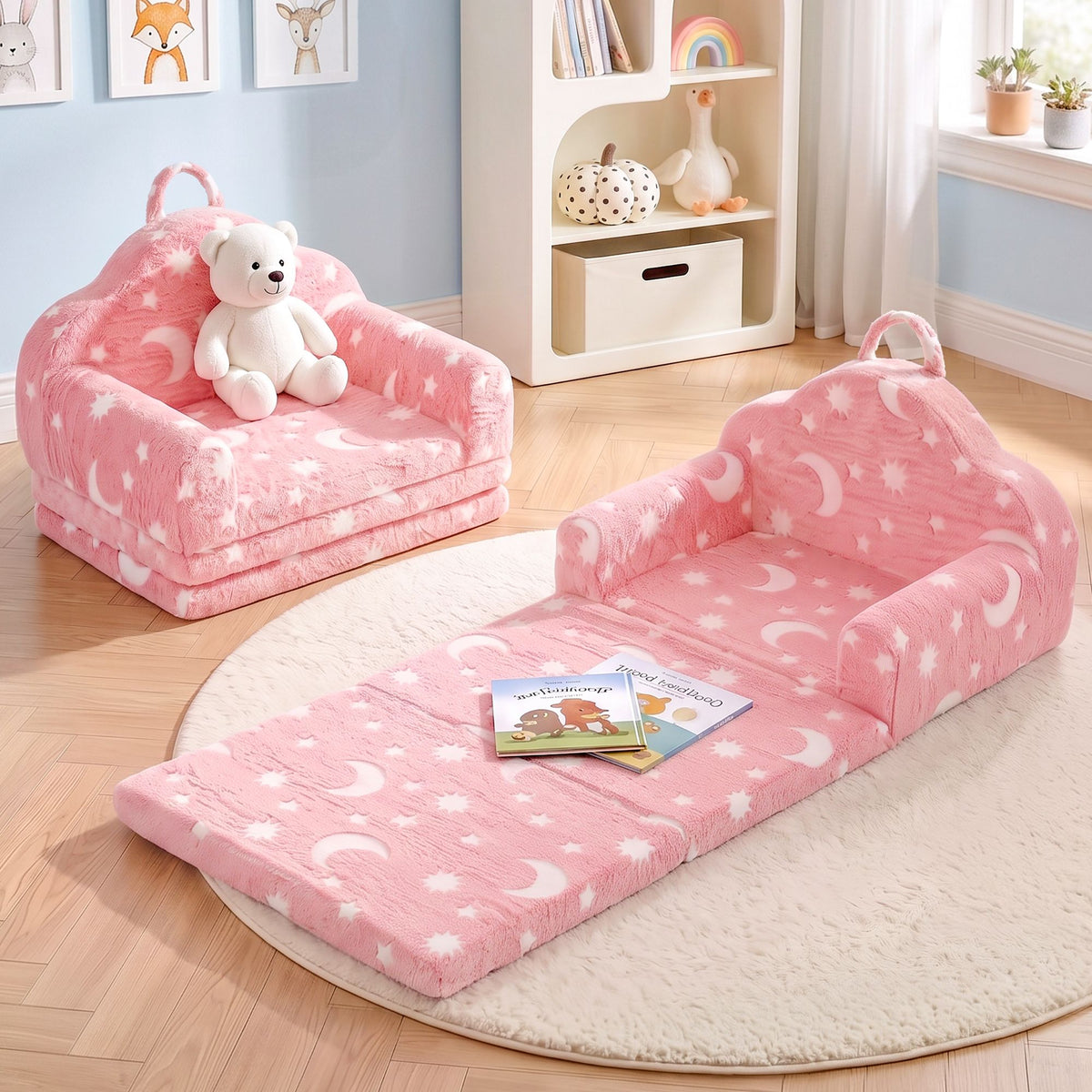 Keezi Kids 2-in-1 Fold Out Sofa Bed, Glow in the Dark, Pink