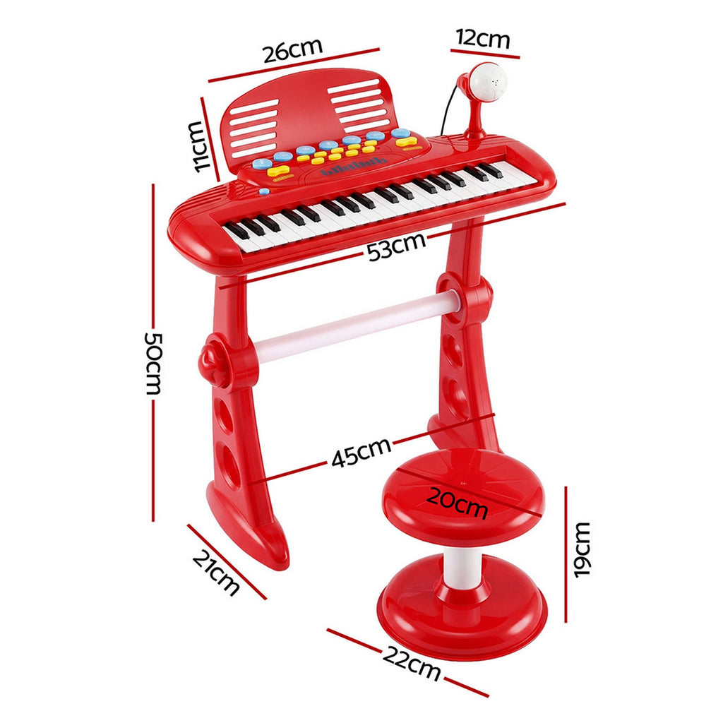 Keezi 37 Key Kids Piano Keyboard Set, Red, with its measurements marked