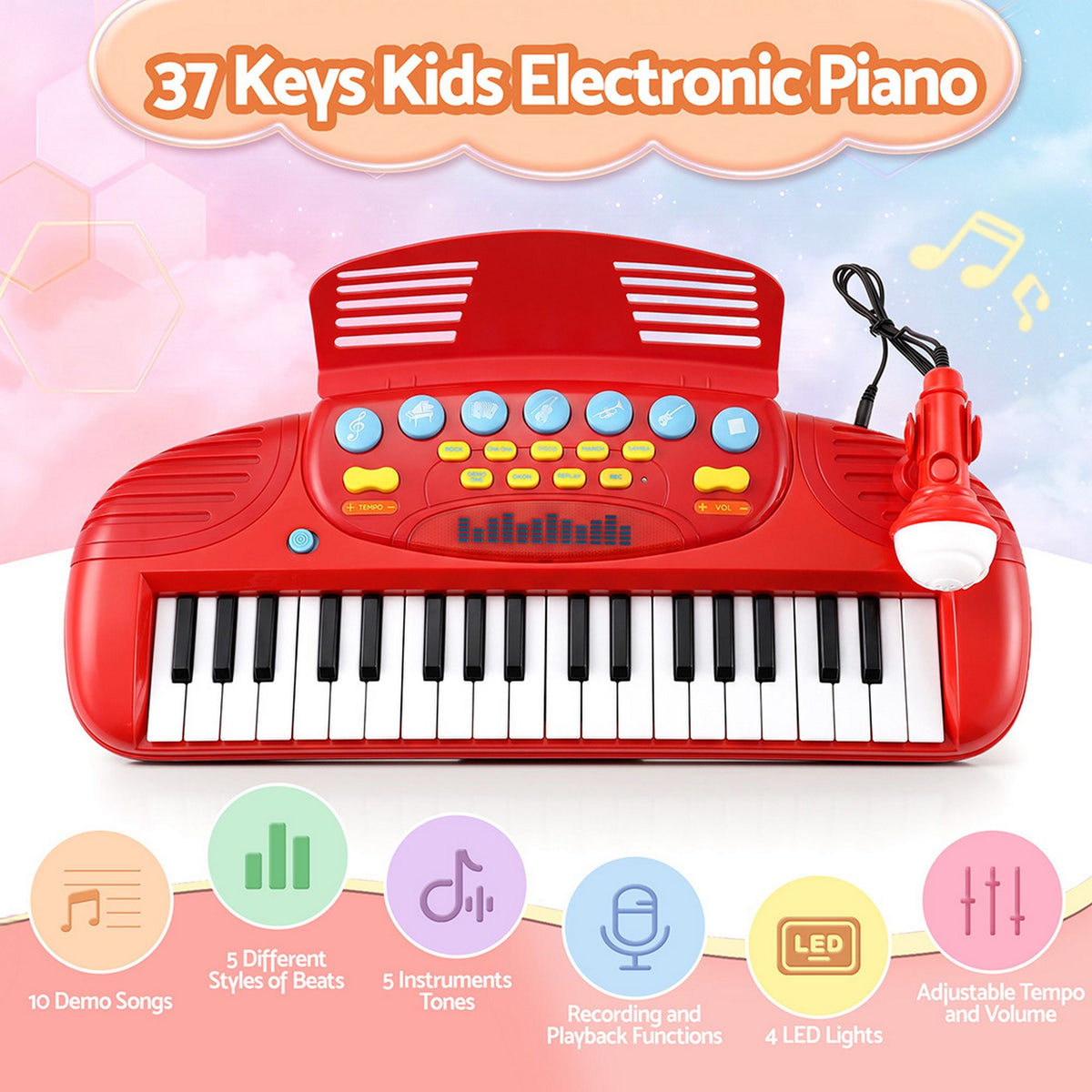 Keezi Kids Piano Keyboard 37 Keys Electronic Musical Instrument Set