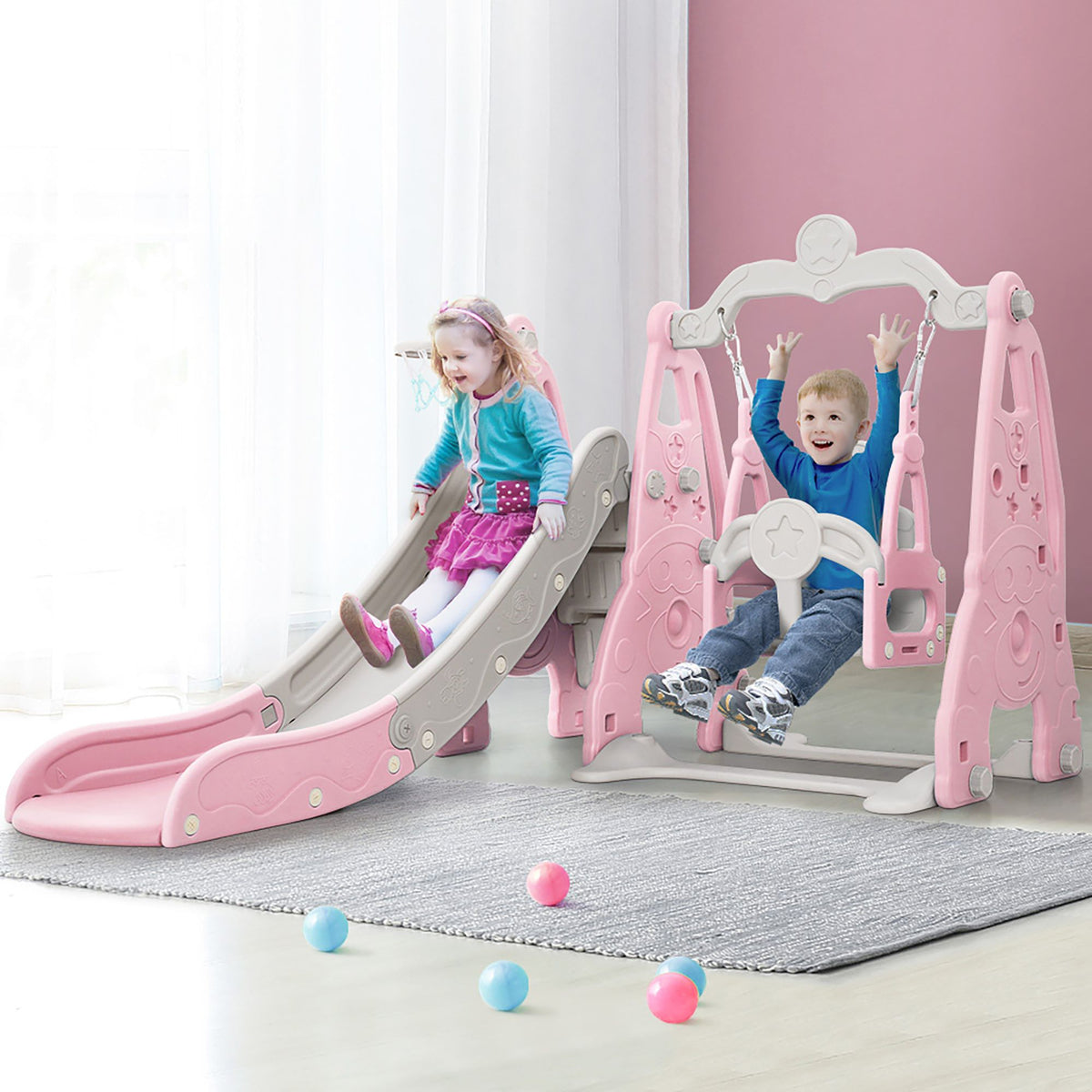 Keezi Kids Slide Swing Set Basketball Hoop Outdoor Playground Toys