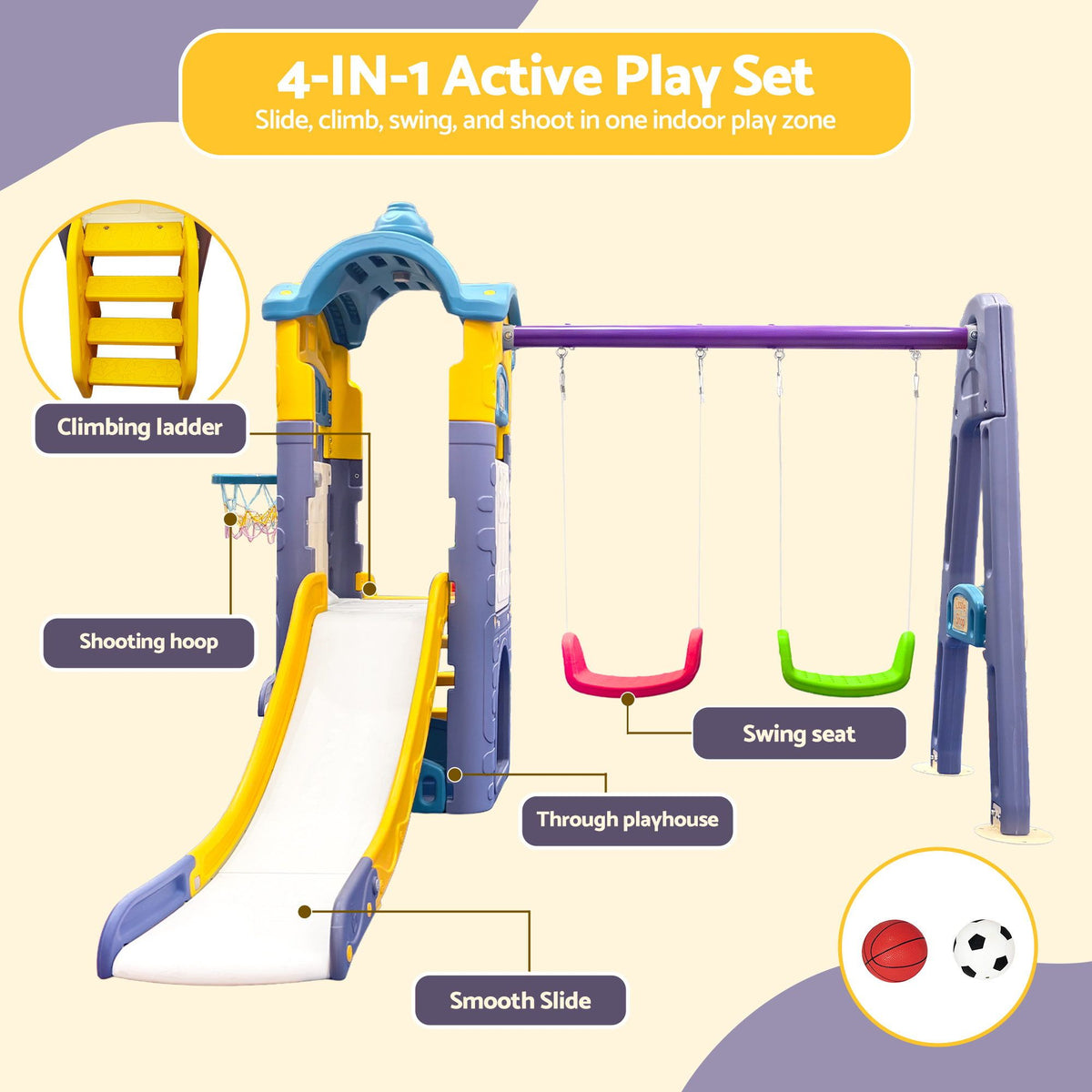 Keezi Kids 4-in-1 Slide Swing Set Double Swing Basketball Hoop