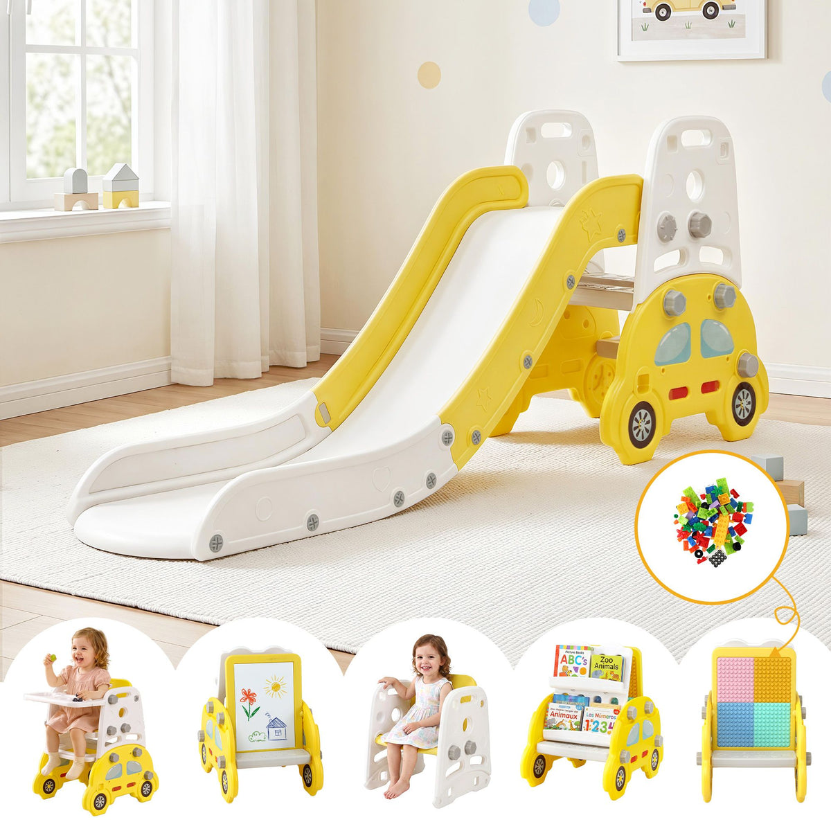 Keezi Kids Slide Set Toddler Indoor Playset Bookshelf Drawing Board