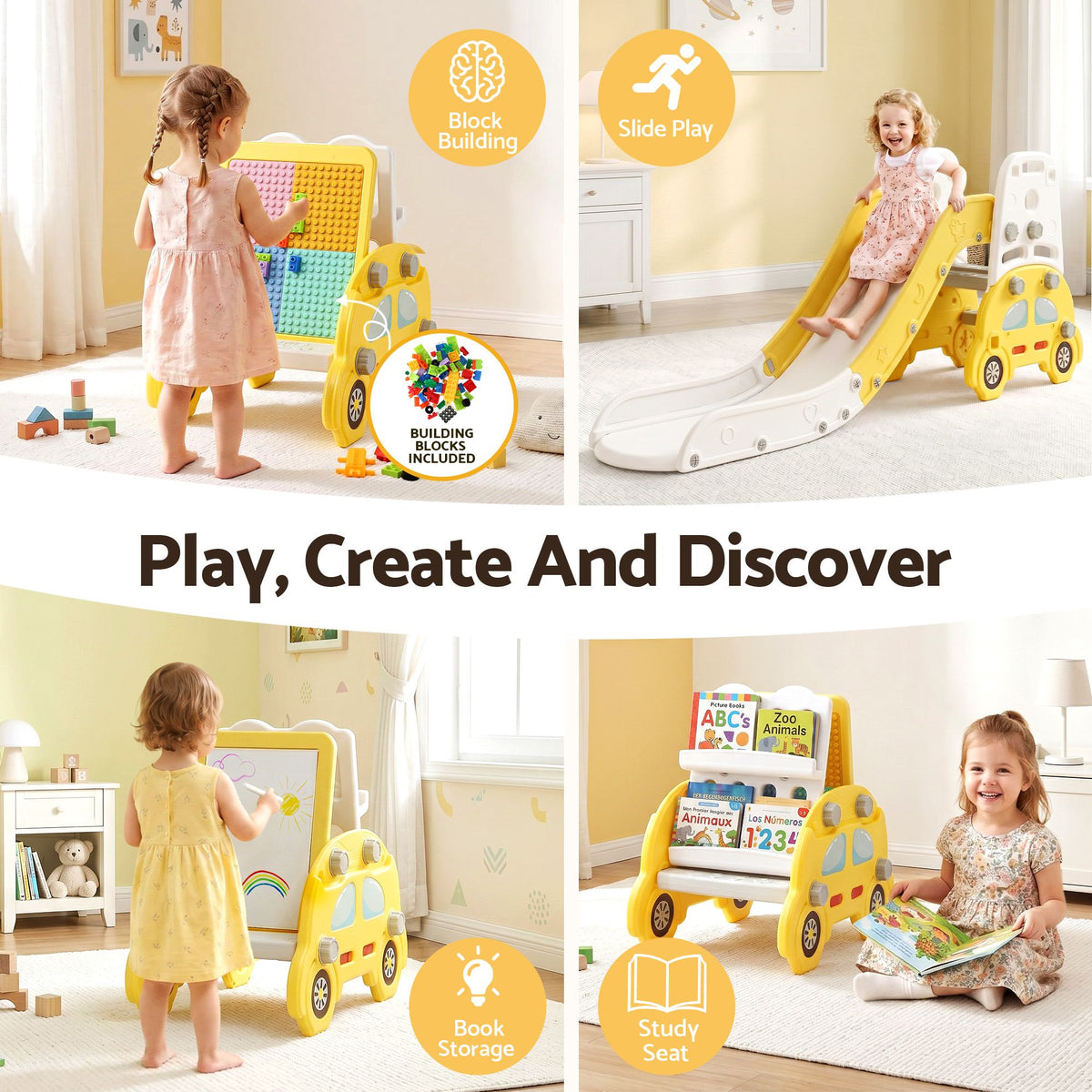 Keezi Kids Slide Set Toddler Indoor Playset Bookshelf Drawing Board