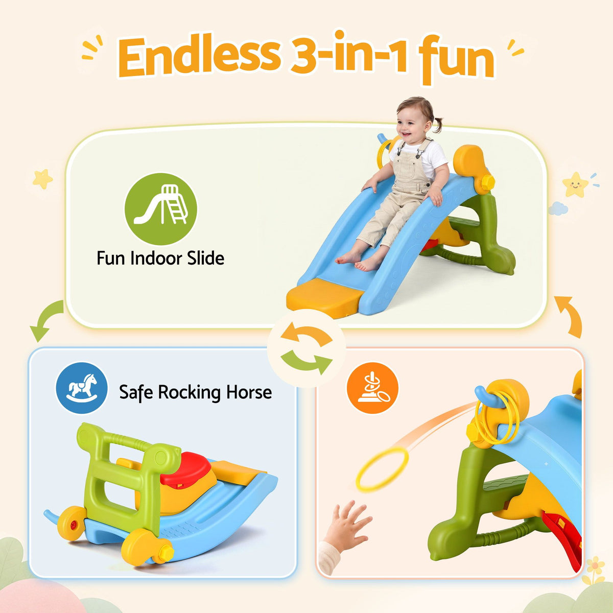 Keezi Kids Slide Set Toddler Indoor Playset Rocking Horse Ring Toss