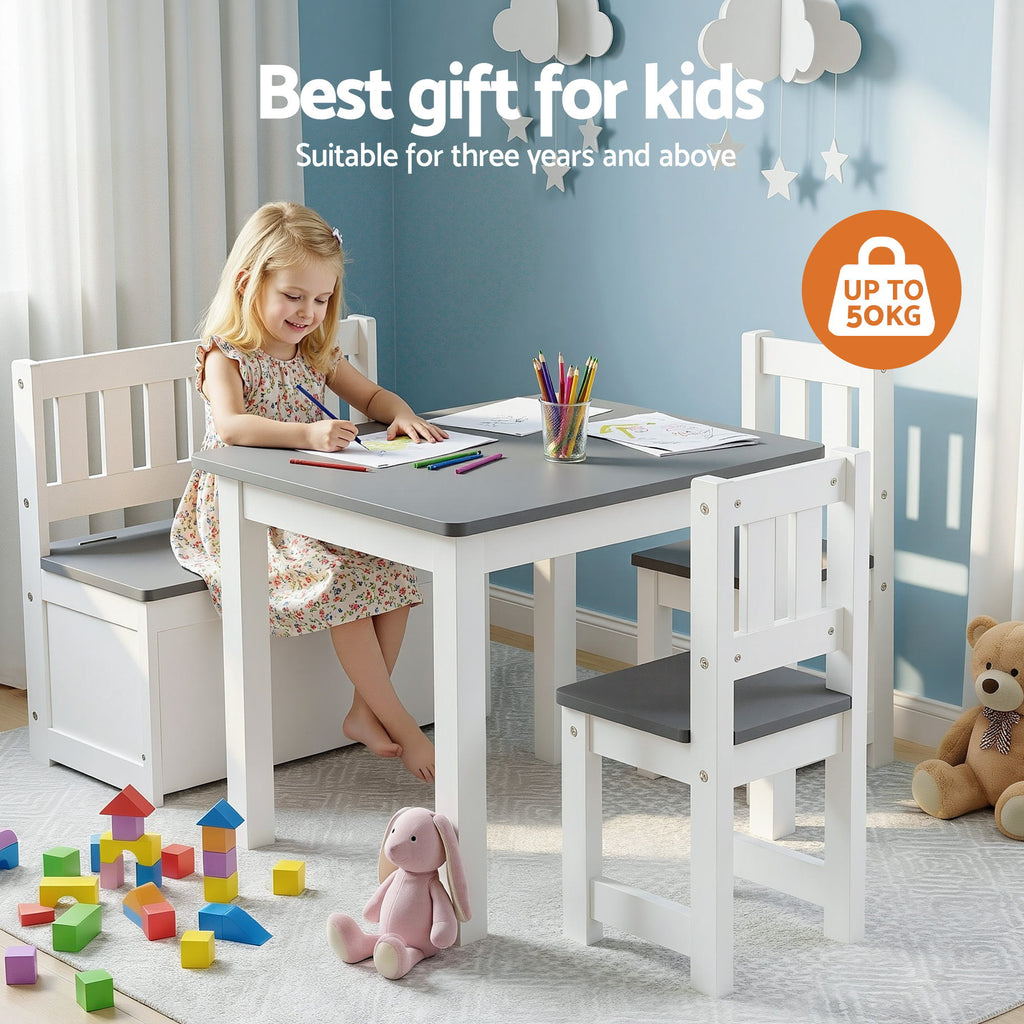Keezi 4-Piece Kids Table, 2 Chairs and Storage Bench Set