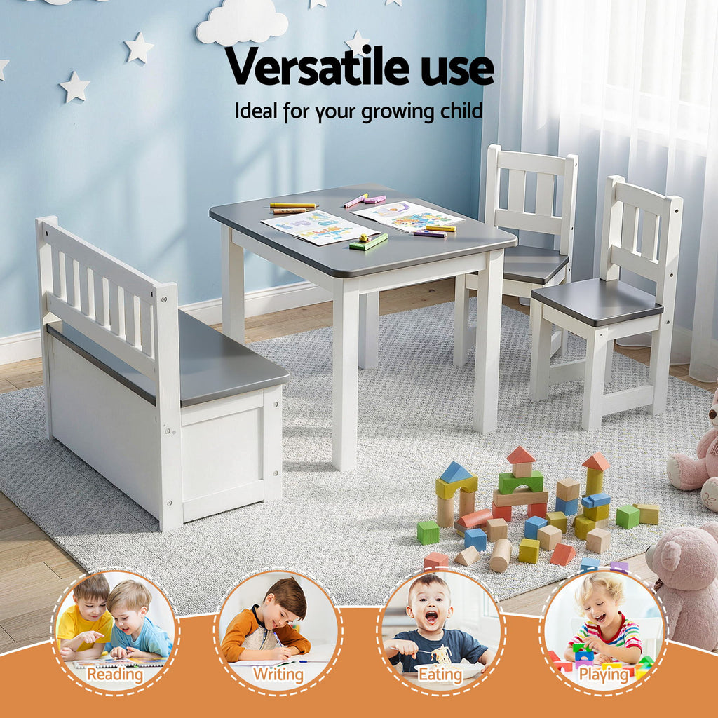 Keezi 4-Piece Kids Table, 2 Chairs and Storage Bench Set
