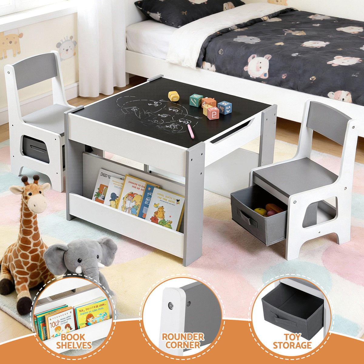 Keezi 4-in-1 Kids Table and Chair Set, Grey, showing what is included, photo 7 of 8