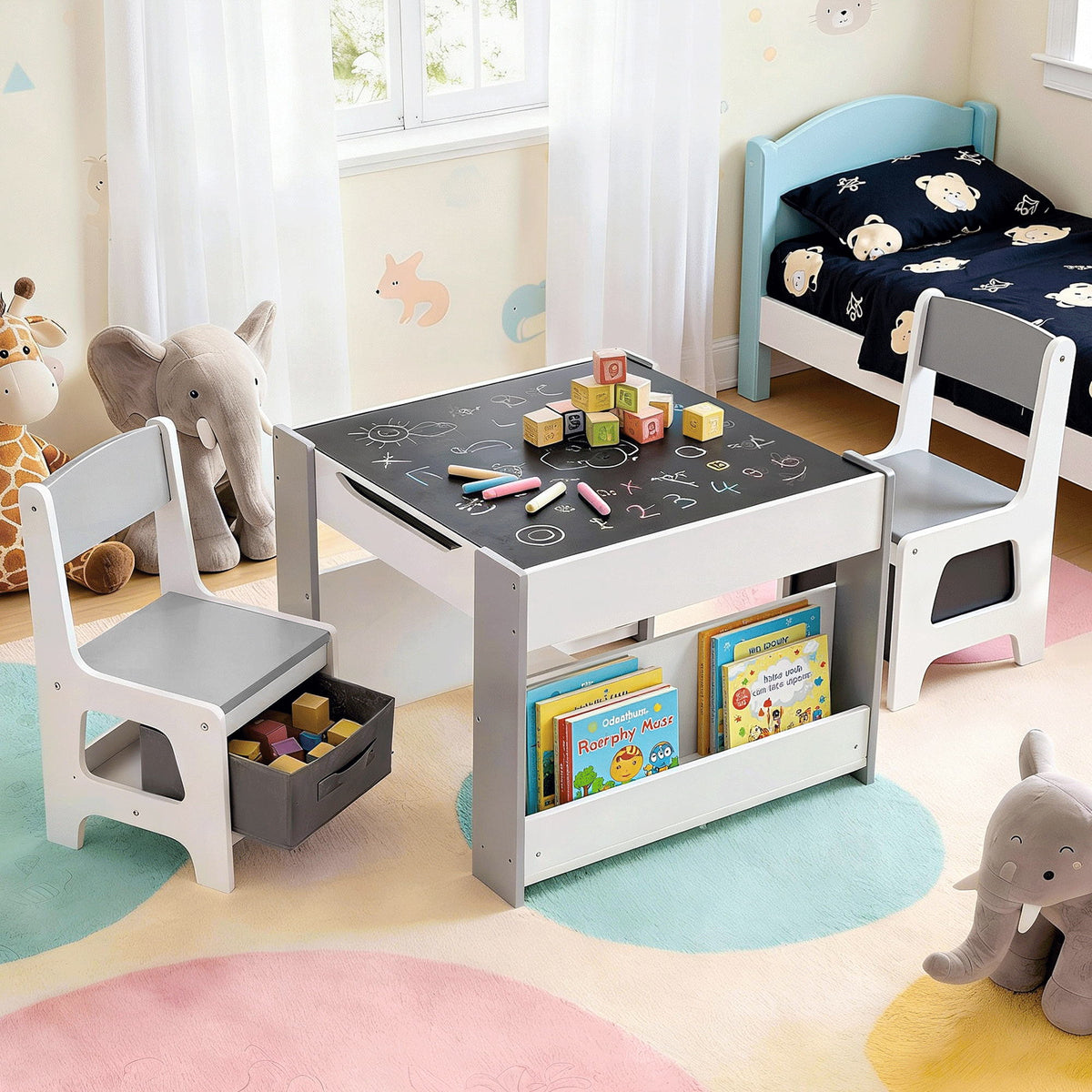 Keezi 4-in-1 Kids Table and Chair Set, Grey, showing what is included, photo 8 of 8