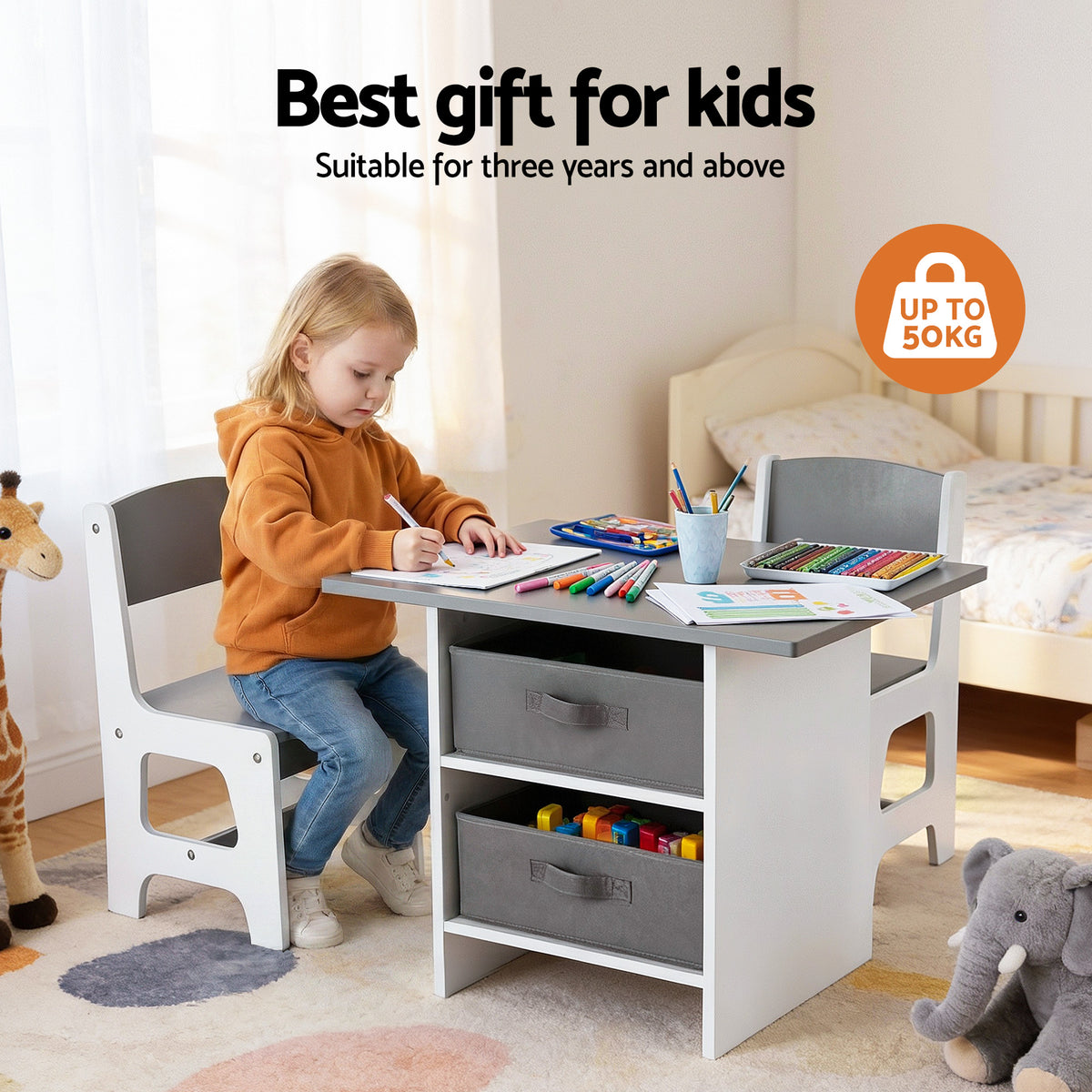 Keezi Kids Table and 2 Chairs Set Wooden Activity Table wit 2 Storage Drawers