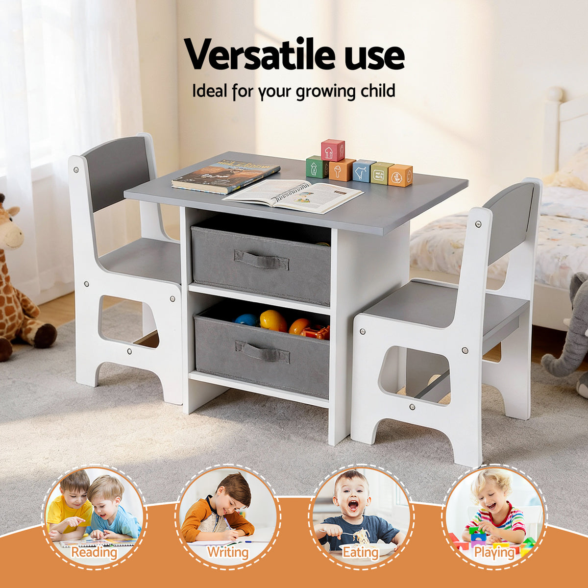 Keezi Kids Table and 2 Chairs Set Wooden Activity Table wit 2 Storage Drawers