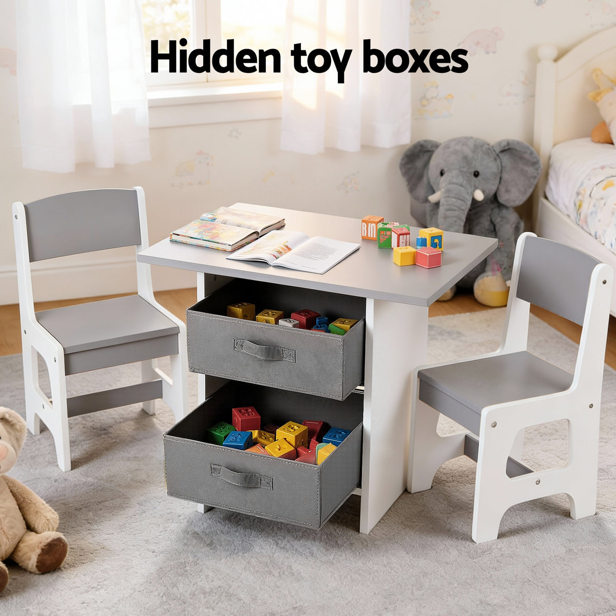 Keezi Kids Table and 2 Chairs Set Wooden Activity Table wit 2 Storage Drawers