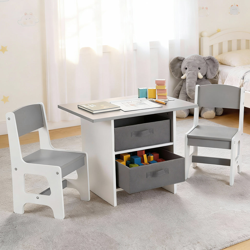 Keezi Kids Table and 2 Chairs Set Wooden Activity Table wit 2 Storage Drawers